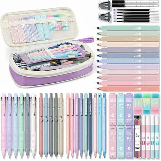 Four Candies 56 PCS School Supplies with Pencil Case, 6 Multicolor Pens, 12 Pastel Highlighters, 5 Gel Pens, 9 Mechanical Pencils for Student Back to School Stationery Set College Essentials (Purple)