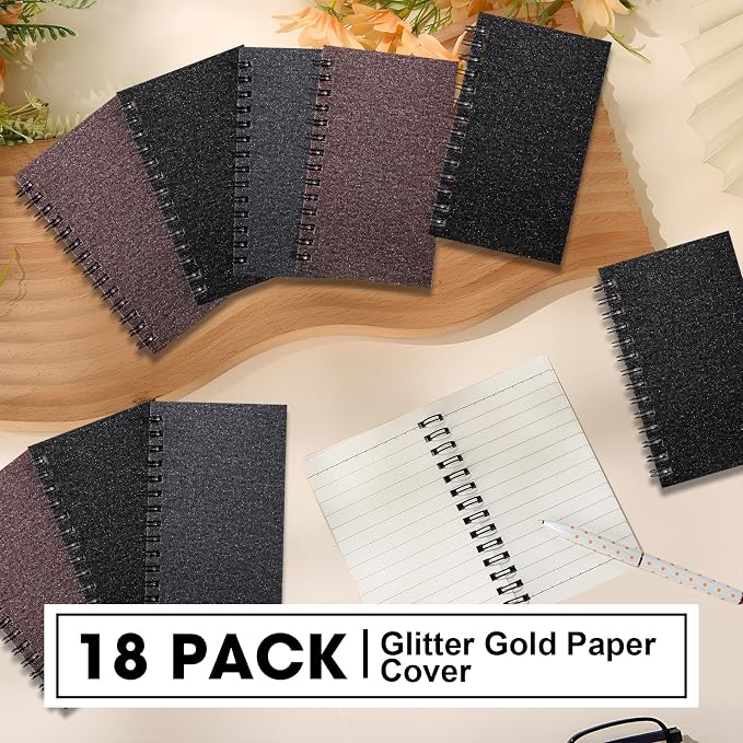 Jutom 18 Pcs Small Spiral Notebooks Memo Pads 3x5 Bulk Small Pocket Notepads Back to School Supplies Mini Notebook with Lined Mini Journals for Office & Work, 120 Pages (Glitter Black,Grey,Coffee)