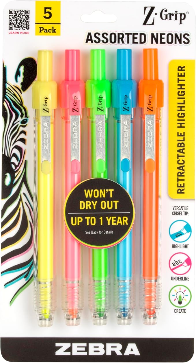 Zebra Pen Z-Grip Retractable Highlighter, Assorted, Chisel Tip, 5-Pack | Metal Clip, Ideal for School, Office and Teacher Supplies, Note-Taking, Studying, and Planners, Transparent Barrel (71205)