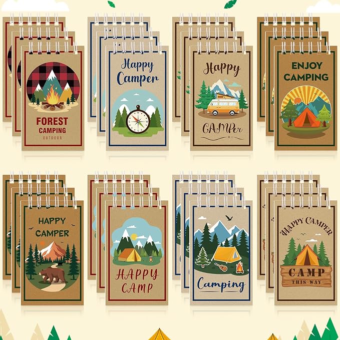 Atiloy 24 PCS Mini Notebooks Bulk for Camping Party Favors Small Pocket Notepad for Camping Journal Spiral Notebook for Work Home Office School Adventure Gifts, 8 Design
