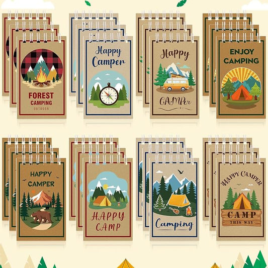 Atiloy 24 PCS Mini Notebooks Bulk for Camping Party Favors Small Pocket Notepad for Camping Journal Spiral Notebook for Work Home Office School Adventure Gifts, 8 Design