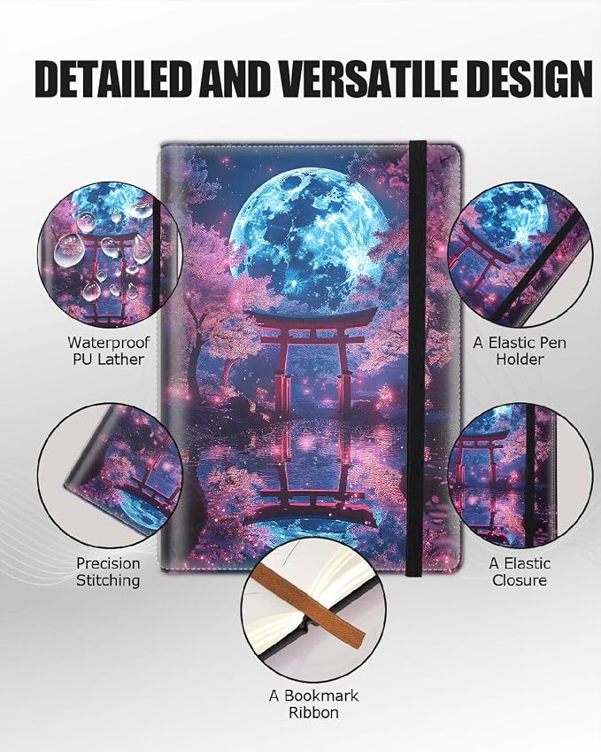 Hardcover Executive Notebooks, A5 PU Leather Lined Journal Notebook, 200 Pages Thick Paper Subject Notebooks for School,Work,Home Writing Business Notebook,Gate Under Moonlight Cherry Blossoms