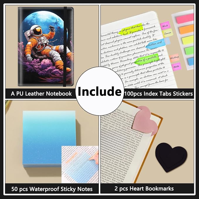 A5 Leather Lined Journal Notebook, 200 Pages Hardcover Executive Notebook for Men Women Office School Note Taking, Thick Writing Paper Daily Journal with Bookmarks/Indexes, Psychedelic Astronaut
