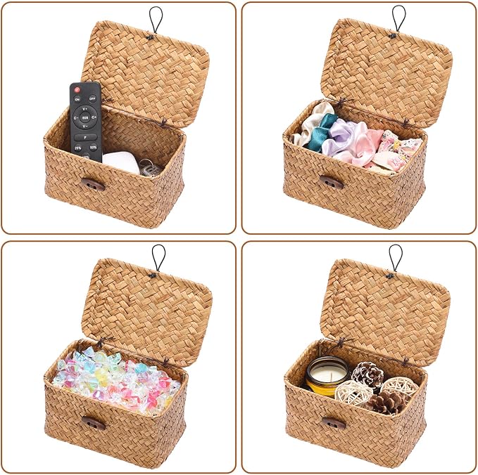 Small Decorative Box Natural Seagrass Box with Lid Small Basket for Organizing Keys Wicker Shelf Baskets for Bathroom Living Room,6.1"L x 4"W x 3.3"H