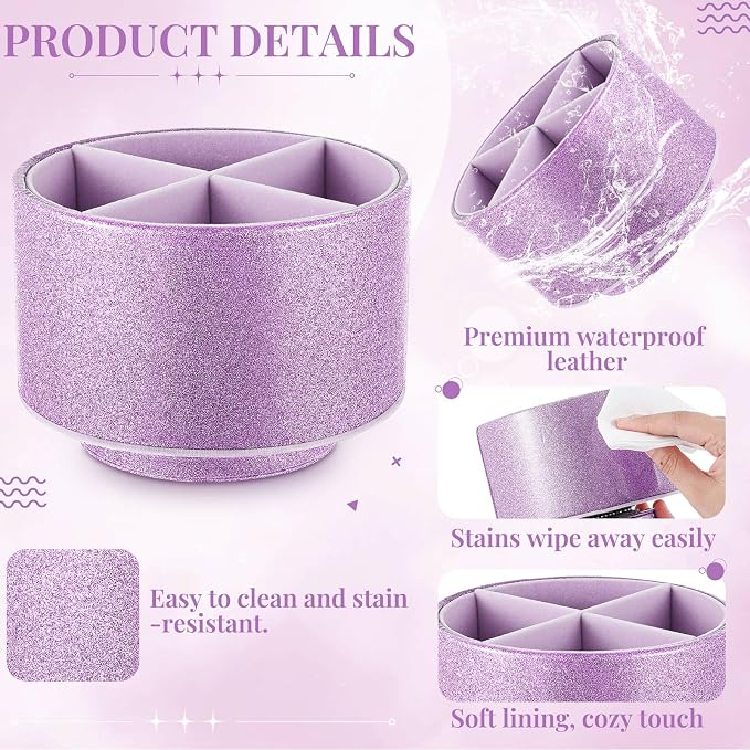 Epakh PU Leather Glitter Pen Holder 360 Degree Spinning Purple Bling Pencil Cup Gift for Teacher Women Girls Makeup Brush Organizer Cup Desk Office Classroom Home Back to School Festival (6 Inch)