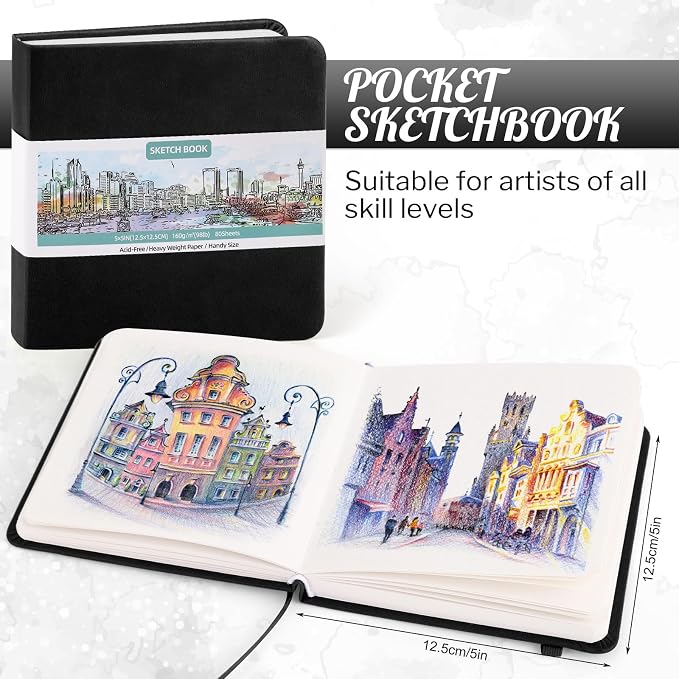 Prudiut Pocket Sketchbook 5 x 5 in, Hardcover, 80 Sheets, Black | 160gsm acid-free paper, elastic closure and ribbon bookmark, compact travel size for sketching on the go