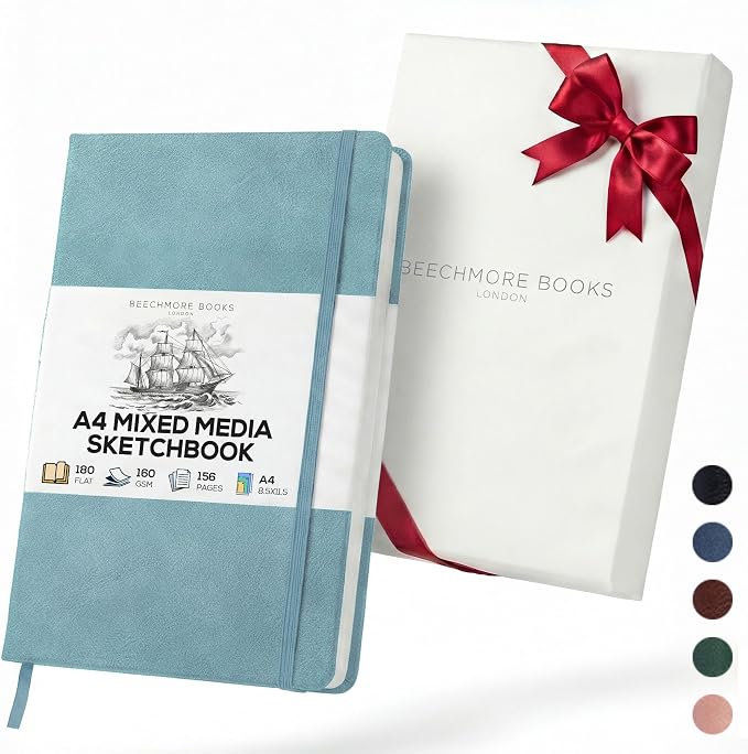 Beechmore Books A4 Mixed Media Sketchbook - 8.5"x11" Hardcover Lay-Flat Art Journal, 160 GSM / 98 lb Professional Ivory Paper, 156 Perforated Pages, Gift Box, Ink, Drawing and Light Watercolor
