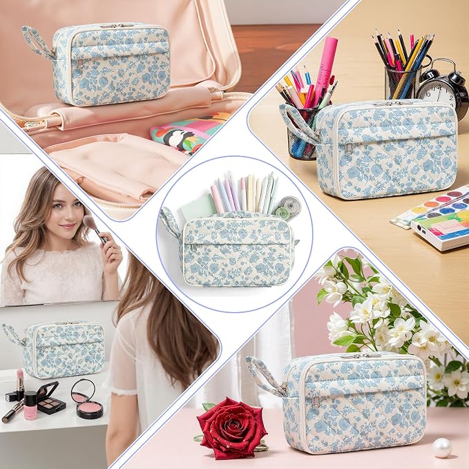 WOBAGMEN Quilted Pencil Pouch for Girls Women, Large Pencil Case Pouch with Compartments Cute Aesthetic Pencil Case Organizer, Floral Pencil Bag for School Supplies (blue floral)
