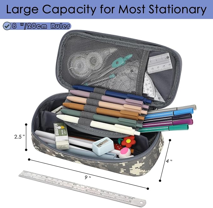 FlowFly Large Capacity Pencil Case for Kids, Boys & Girls – Zippered Multi-Functional Pen Pouch, Soft & Portable Pencil Bag for School, Teens, Students, Digital Camo