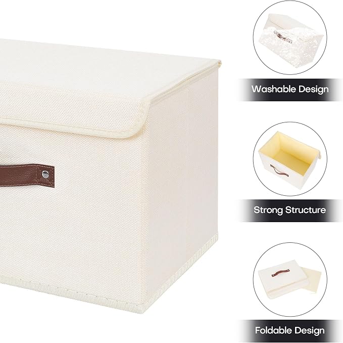 ANMINY 2PCS Storage Bin with Lid Storage Boxes with PU Leather Handles PP Plastic Board Decorative Foldable Lidded Cotton Linen Fabric Home Cubes Baskets Closet Organizer Container - Beige, Medium