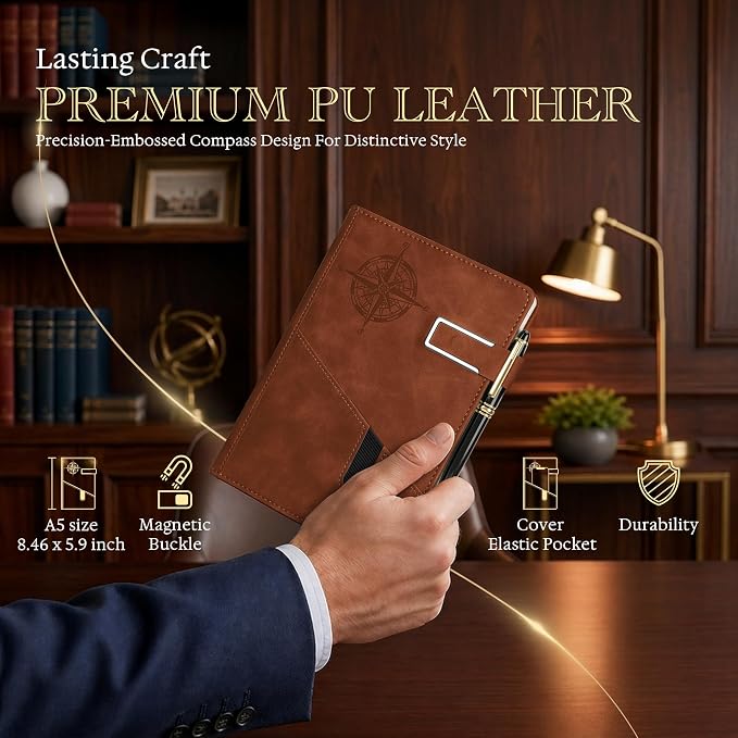 Lined Notebook Journal for Men Women, College Ruled Notebook, Hardcover Leather Journal with Pen & Gift Box, 256 Pages Thick Daily Diary, Professional Notebooks for Work, Travel, Executive, Writing,A5