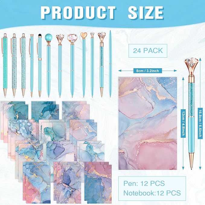 Pasimy 24 Pcs Marble Mini Notebooks with Ballpoint Pens Set Metal Crystal Diamond Pens Pretty Fancy Gifts Marble Pocket Notepads Mini Journals Notebooks Bulk for Women Students School Office