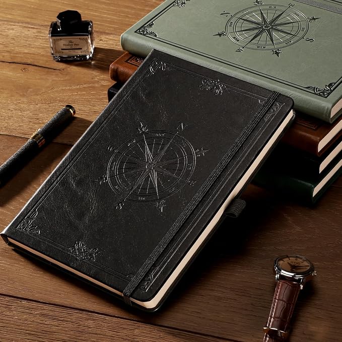 AHGXG Dotted Journal Notebook, 192 Pages, A5 Medium Size (5.7'' x 8.3'') | Leather Hardcover, 100 GSM Thick Paper, for Journaling, Planning, Tracking (Black)
