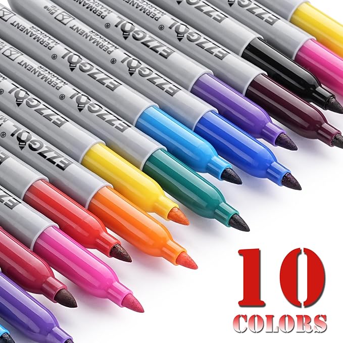 Ezzgol Permanent Markers Bulk, 40 Pack, 10 Assorted Colors,Multicolor Fine Tip Marker,Waterproof, Quick Drying on Paper,Metal,Wood,Plastic for School,Office,Home