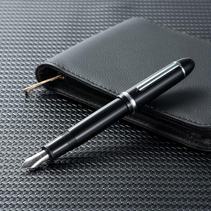 Jinhao X159 Black Acrylic Fountain Pen, Size 8 Medium Nib Silver Trim Classic Design Smooth Writing Pen with Converter