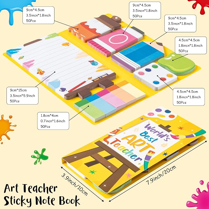 B1ykin Sticky Notes Set - 550 Sheets Memo Writing Pad Art Teacher Design | Self-Stick Notes Pages, Teacher Appreciation Gift, School Office Supplies, World’s Best Art Teacher Design