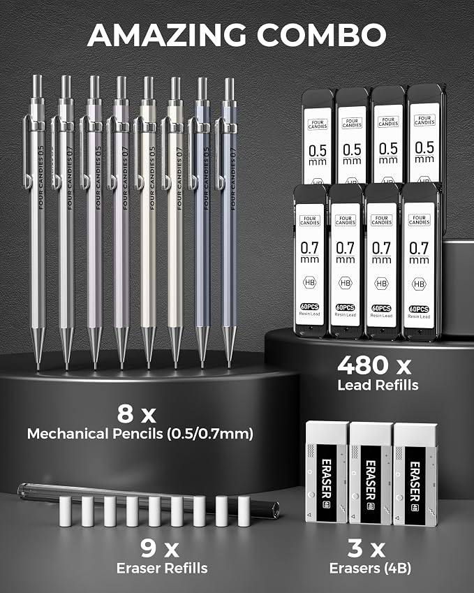 8PCS Metal Mechanical Pencil Set, 0.5mm & 0.7mm, Pack with Storage Case | 480 Leads, 3 Erasers+9 Refills, for School Writing, Sketching, Art Drawing & Professional Drafting