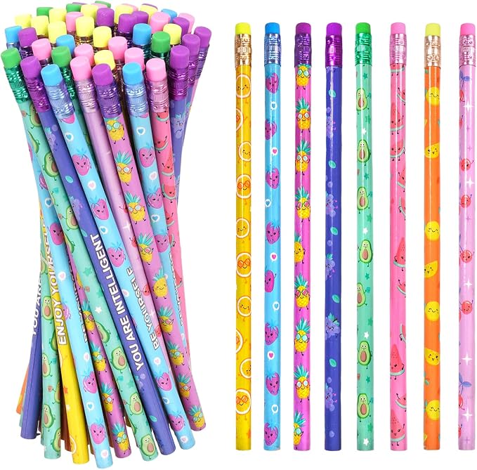 Rbenxia 48PCS Wooden Pencils with Erasers Assortment Colorful Novelty Pencils Awards Incentives Supplies Giveaways Party Favor (Fruit Elements)