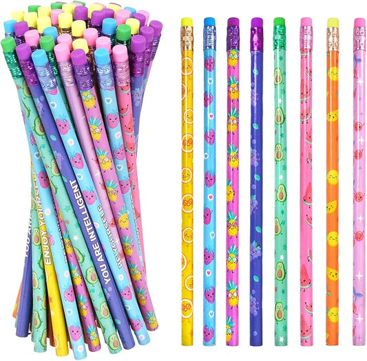 Rbenxia 48PCS Wooden Pencils with Erasers Assortment Colorful Novelty Pencils Awards Incentives Supplies Giveaways Party Favor (Fruit Elements)