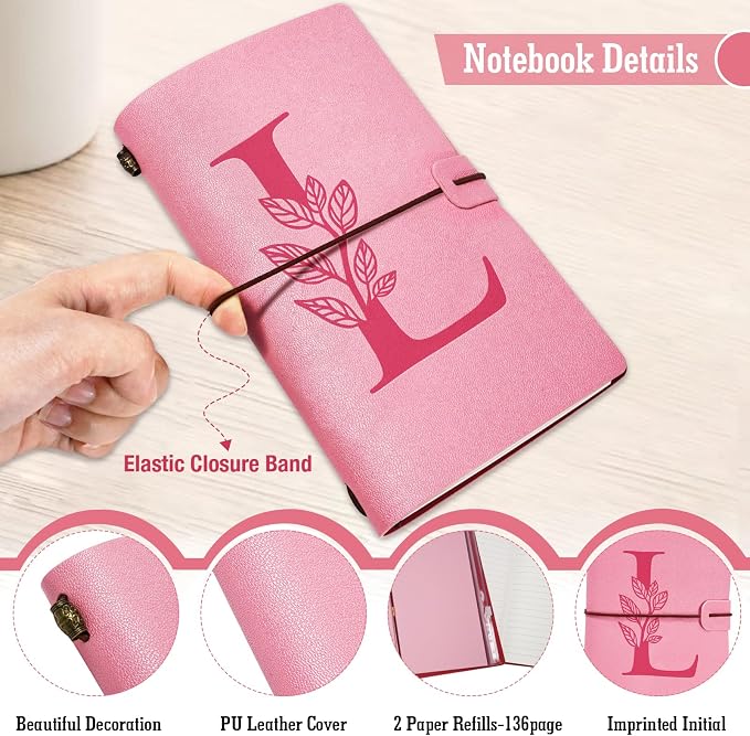 Personalized Journal Gift-Pink Initial Leather Journal+Heart Diamond Pen Set,Travel Notebook Diary Gifts,Refillable Notepads,Christmas,Birthday Gifts for Women Girls (7.9"x4.7") (L)