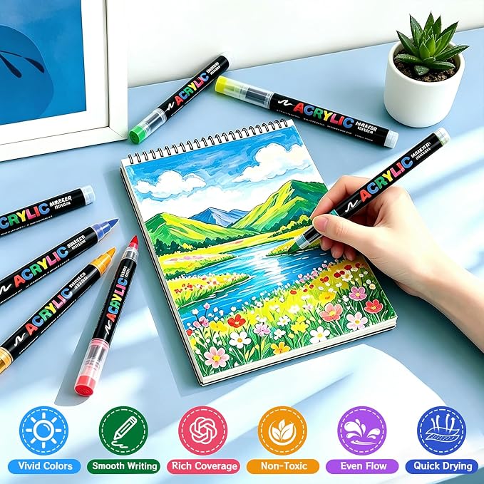 Acrylic Paint Markers Brush Tip 72 Colors, Soft Brush Tip Acrylic Paint Pens with Automatic Ink Control, Water-Based No-Bleed Paint Markers for Rock Painting Fabric Wood Ceramic Metal DIY Crafts