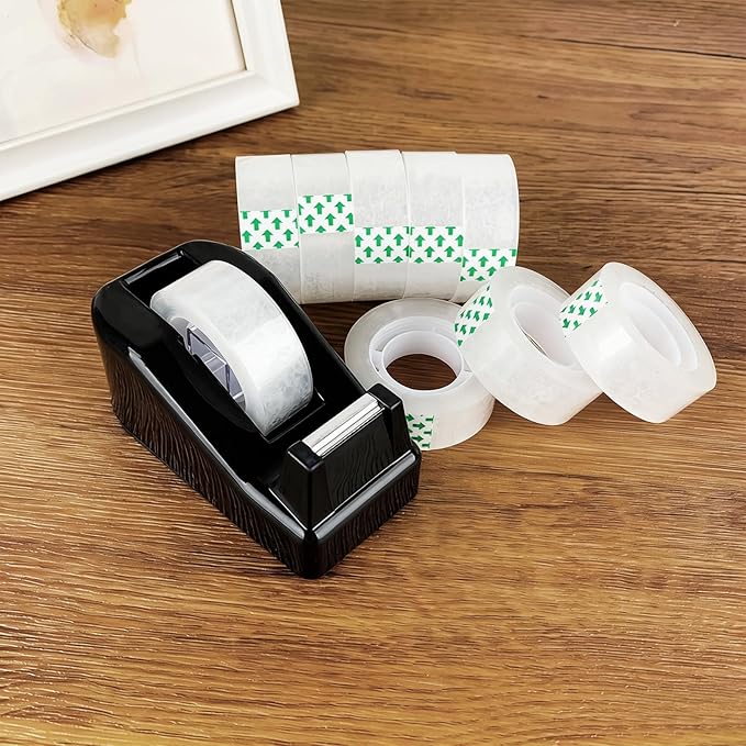 Desktop Tape Dispenser with 15 Rolls Transparent Tape, Black Desk Tape Dispenser for Home Office School, Tape and Dispenser Set for Light Duty Packaging Arts Crafts Note Repair Everyday Use