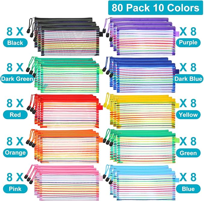 Leelosp 80 Pcs Mesh Zipper Pouch Bulk Mesh Pencil Pouches 10 Color Zipper Bag for Back to School Supplies Cosmetic Office Classroom Travel Appreciation Gift(Elegant Color,9 x 4.7 Inch)