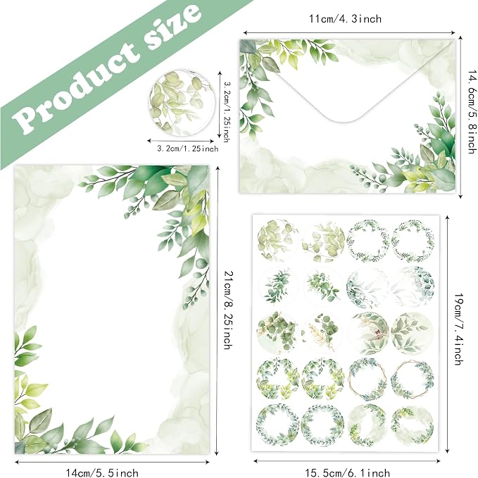 Stationery Paper Envelopes Set 160 Pcs - 50 Lined Writing Paper, 50 Envelopes, 60 Dot Stickers, Vintage/Floral/Leaf/Watercolor Multi-Style Options (STATIONERY-160PCS-LEAF)