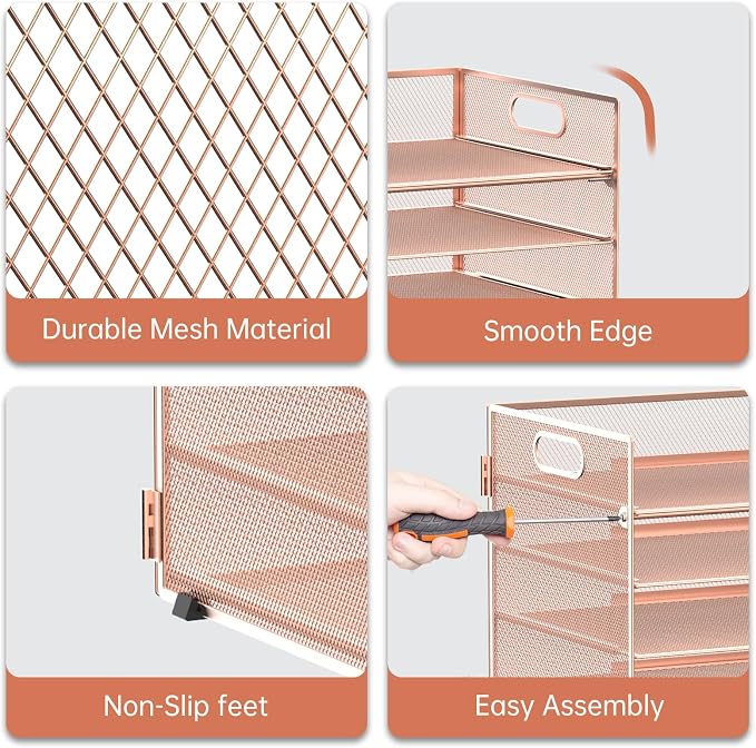7 Tier Paper Organizer for Desk with Letter Trays and Handle Rose Gold | Desk File Organizer with Handle for Sorting Papers, Files, Folders, Mail, Bills and Office Supplies