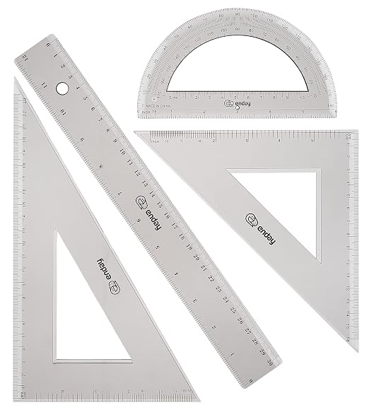 Geometry Plastic Ruler Set, Clear 12 inch/ 30 cm Straight Ruler, Triangle Rulers, Protractor Ruler Tool Set, Transparent School and Office Supplies Math Rulers for Kids and Adults, Set of 4 – By Enday