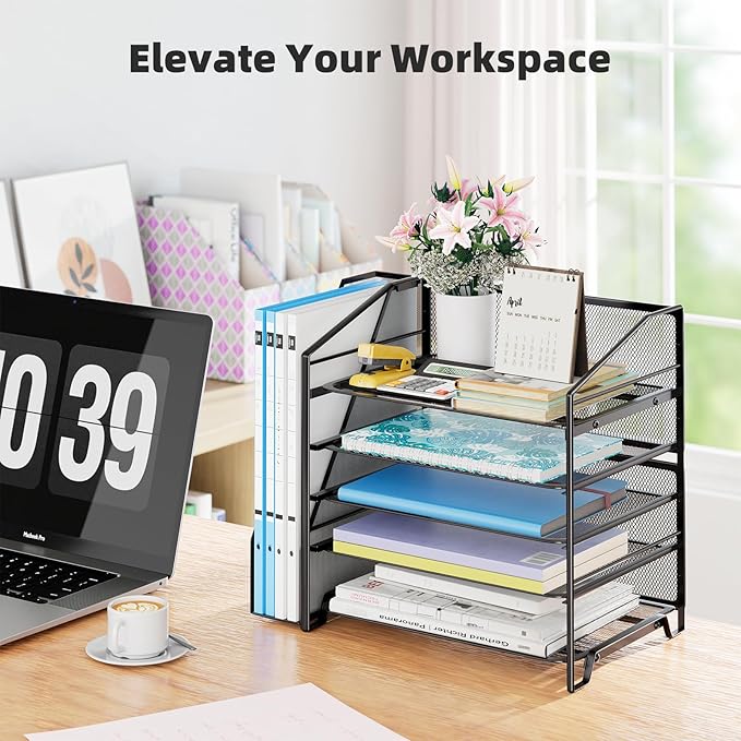 Simple Trending 5-Tier Desk File Organizer, Paper Organizer, Black | Adjustable Letter Trays, Side File Shelf，Durable Steel Mesh, Space Saving, for Home Office, 15.4"L x 9"W x 13"H