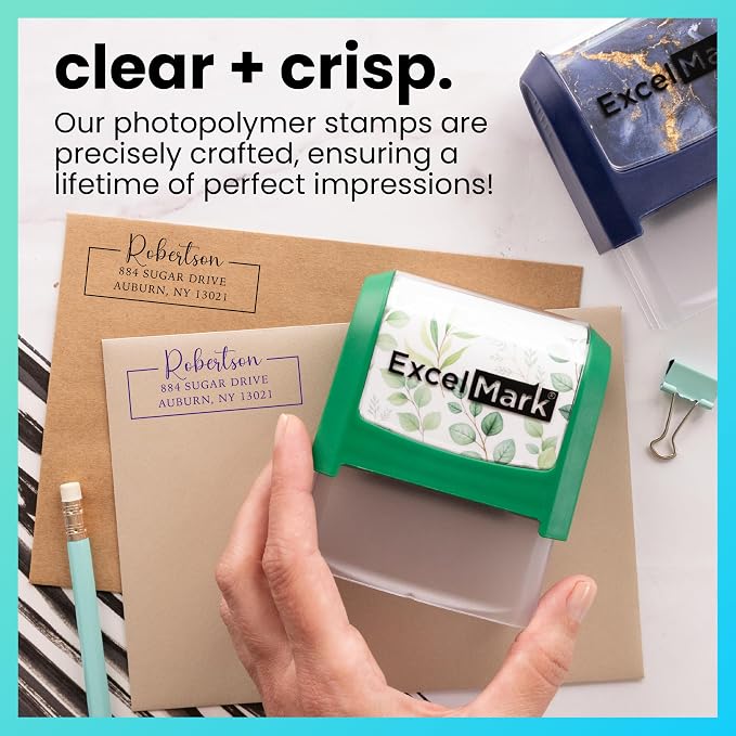 ExcelMark Custom Return Address Stamp (Green, Signature Frame) | Custom Return Address Stamp with Elegant Designs, Vibrant Colors & Patterns – Perfect for Mail, Invitations & Gifts