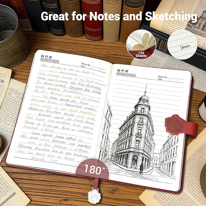 Aocii leather Journal for Women, A5 lined Daily Journal Notebook, Pretty Journaling for Writing, Hardcover Vintage Travel Journals, 224 Pages, Pen included (burgundy)