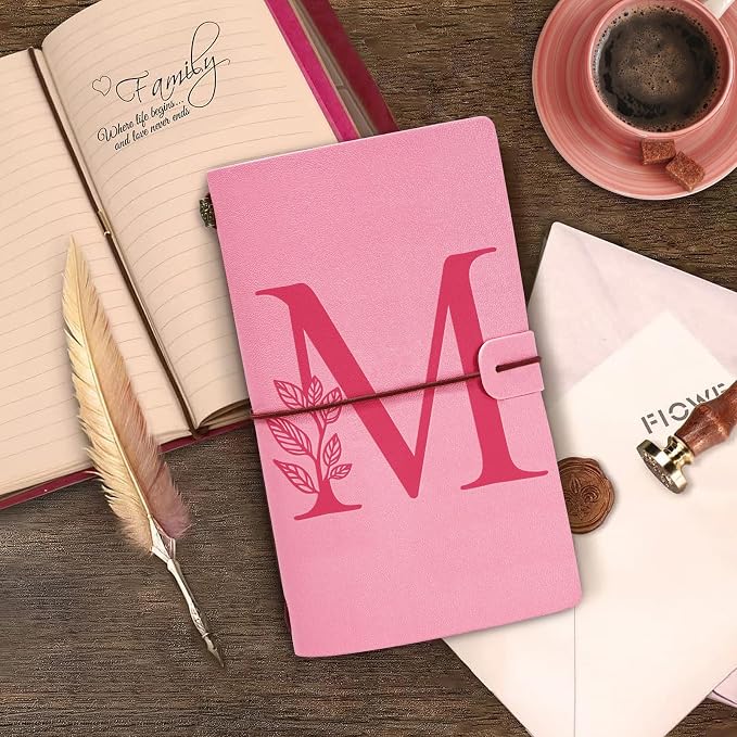 Personalized Journal Gift-Pink Initial Leather Journal+Heart Diamond Pen Set,Travel Notebook Diary Gifts,Refillable Notepads,Christmas,Birthday Gifts for Women Girls (7.9"x4.7") (M)