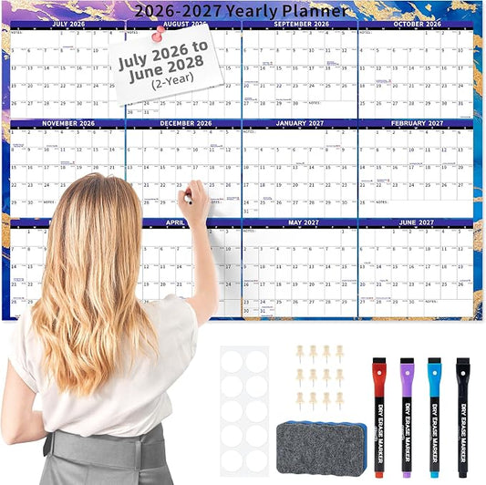 Ospelelf 2026-2027 Wall Calendar Large Dry Erase 32'' x 48'' Yearly Laminated, 2 Year Calendar for Office Family, Use July 2026 - June 2028 ((Marble)
