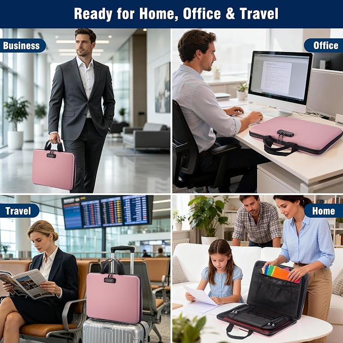 Fireproof Document Box with Lock, Hard-Shell Case Fireproof File Organizer with 13 Pocket Accordion File Folder, Portable Home Office Travel Safe Storage for Important Documents Laptop