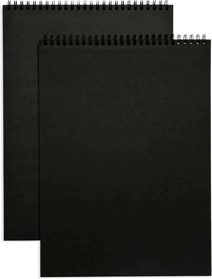 Black Paper Sketch Pad - 12 x 9 (Pack of 2) 30 Sheets (90lb/150gsm), Top Spiral Bound with Perforated Pages for All Dry Media Graphite & Colored Pencils, Gouache, Charcoal, Gel Pens, Chalk