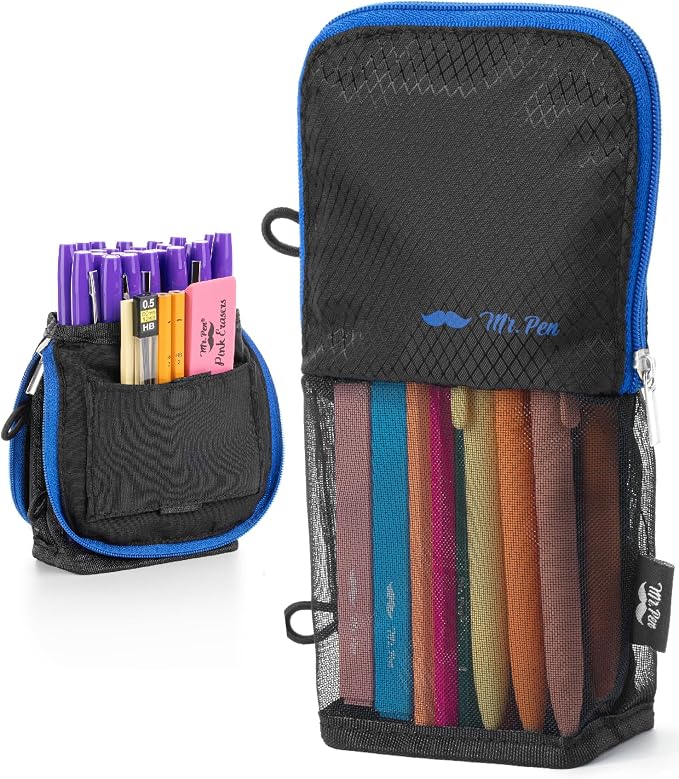 Mr. Pen- Standing Pencil Case Pouch, Sit & Lay Mesh-View Design | Black with Blue Zipper, Interior Pocket & 2 Elastic Binder Loops, Cute Pencil Case for Girls and Boys