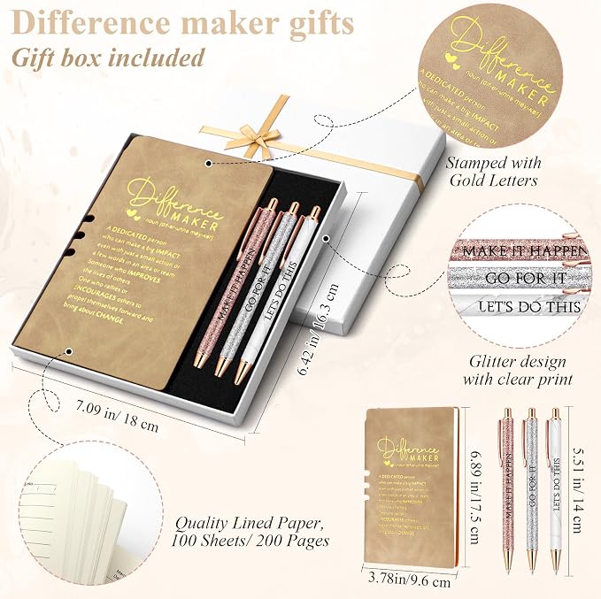 Thenshop 5 Pcs Difference Maker Gifts Journal with Pen Leather Notebook 3 Ballpoint Pens Box Thank You Gift for Nurse Boss Employee Coworker Teacher Volunteer Social Worker Assistant(Khaki)