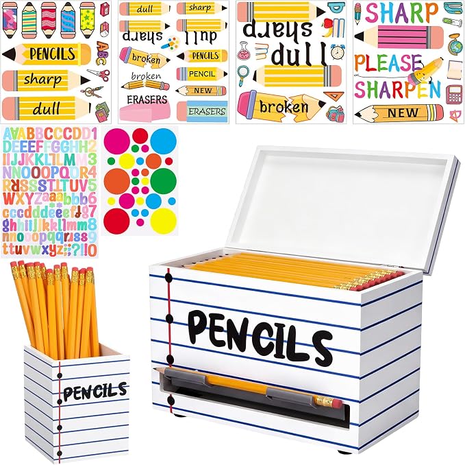 Mifoci Wooden Pencil Dispenser Kit for Classroom Wooden Pen Holder Straw Dispenser Sharp and Dull Letter Stickers for Teachers Classroom Supplies Storage(Notebook Line)