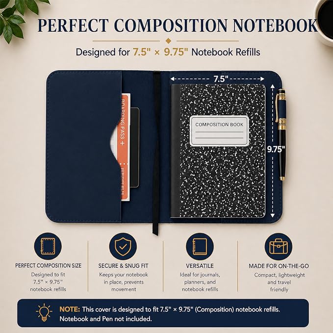Blue Leather Journal Cover XL – Handmade Refillable Notebook Holder with Pen Loop, B5 Writing Organizer for Office, Travel & Professional Use 7.5 x 9.5