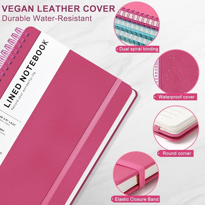 Lined Spiral Journal Notebook with 160 Pages, 8×5.7in, A5 Spiral Notebook, Journaling Notebooks for Work, School, Women, Men, College Ruled Spiral Notebook, Hardcover Leather Journals, Deeppink