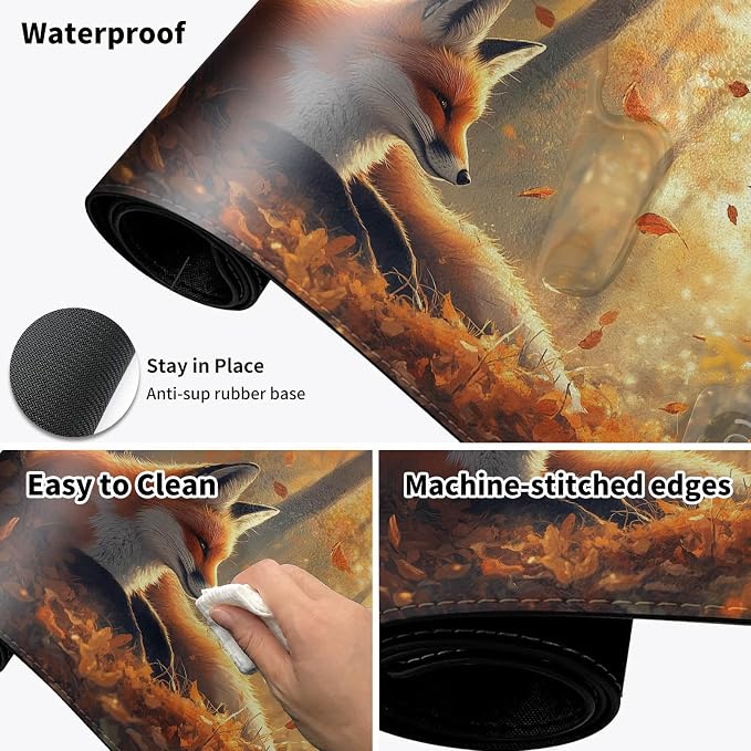 Heated Desk Pad Mouse Pad,Heated Desk Mat,with 3 Heating Levels & 3 Hours Auto Shut-Off,Leather 23.6"*14.2" Gaming Mouse Laptop Mat,Foot Warmer,Cute Fox Forest