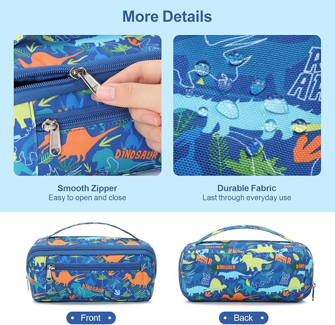 Large Pencil Case for Boys - Aesthetic Pencil Pouch for School | Kids Pencil Case & Wide Handle, Water Resistent Organizer Box,Fits 50 Pens & Markers, Daily Use, Blue Dinosaur