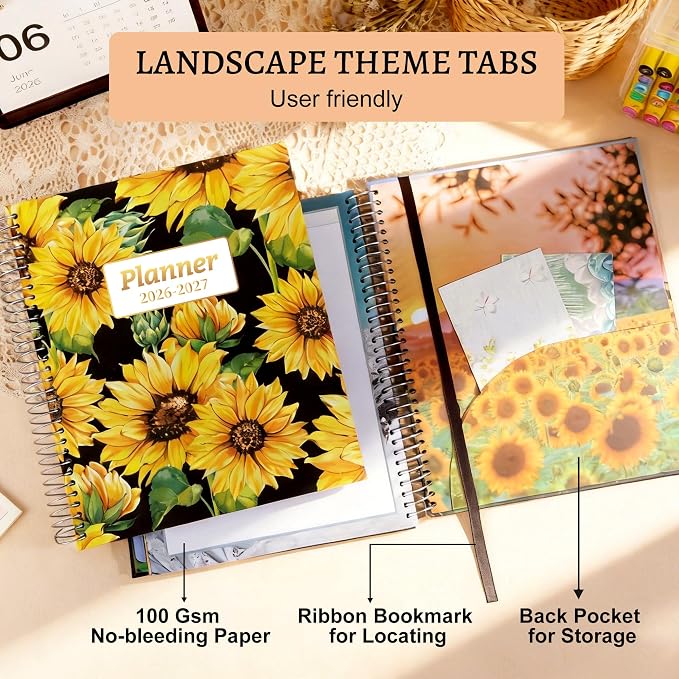 CAGIE Planner 2026-2027 18 Month July 2026-Dec 2027 Hourly Daily Calendar Weekly Monthly Planners Hardcover Large Yearly Agenda with Stickers Tabs for Women Work Mom, 8.5 x 11, Sunflower