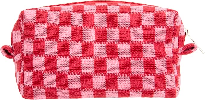 Checkered Makeup Bag for Purse, Small Travel Cosmetic Pouch,Red Pink | Cute Zipper Makeup Organizer for Women, Travel Essentials, Toiletries, Makeup Brushes, Beauty Accessories&Bridesmaid Gifts