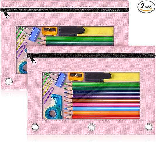 Pencil Pouch for 3 Ring Binder, 2 Pack Pencil Bags with Zipper, Pink Pencil Case for Classroom School Office Supplies, Large Sturdy and Durable Cloth Pencil Pocket for 3 Holder Binder