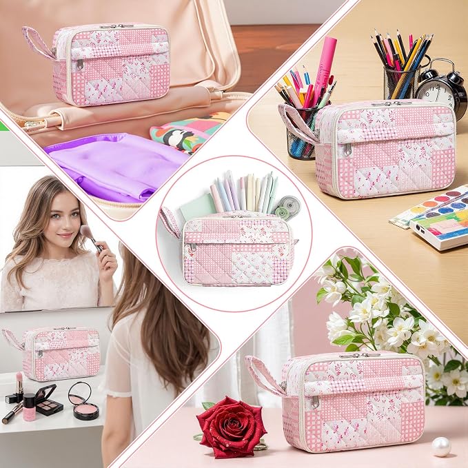 WOBAGMEN Quilted Pencil Pouch for Girls Women, Large Pencil Case Pouch with Compartments Cute Aesthetic Pencil Case Organizer, Floral Pencil Bag for School Supplies (Pink Patchwork)