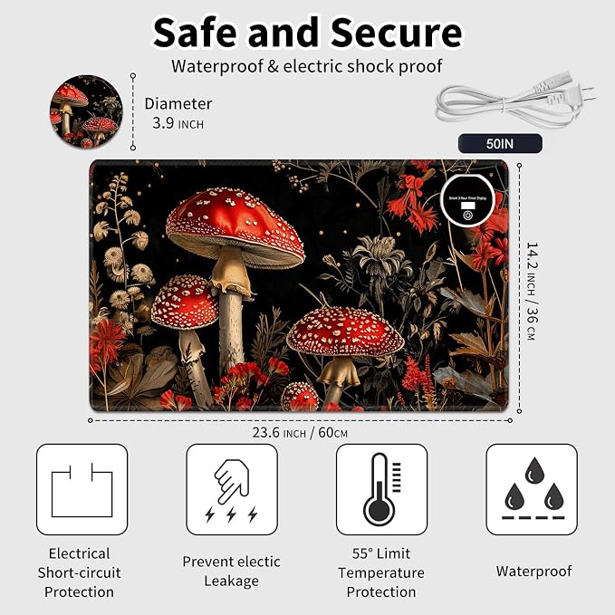 Heated Desk Pad Mouse Pad,Heated Desk Mat,with 3 Heating Levels & 3 Hours Auto Shut-Off,Leather 23.6"*14.2" Gaming Mouse Laptop Mat,Foot Warmer,Red Mushroom Forest