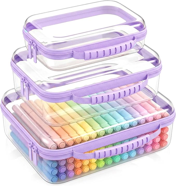 Large Clear Hard Shell Zipper Case With Handle,3 Pcs Travel Toiletry Bag, Makeup Bags Swim Diaper Bag Toys Storage For Diapers,Cosmetics,Puzzles,Reusable Organizer Pouch，Portable Waterproof (Purple)